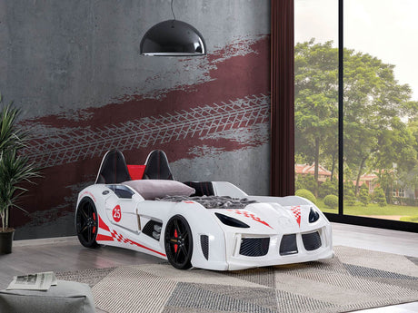Modern White Leatherette Twin Race Car Bed - Omega Lifestyles
