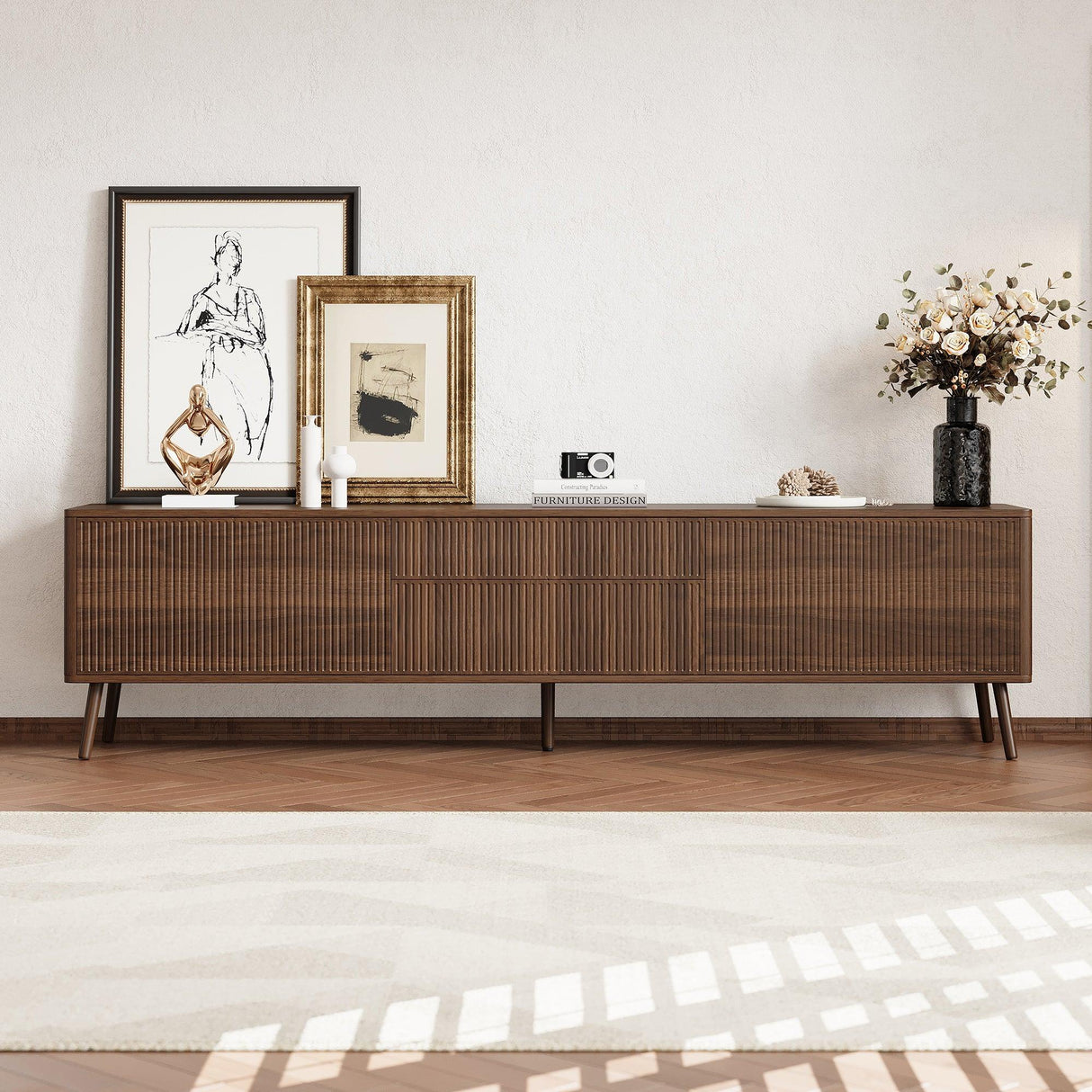 70-Inch Walnut Fluted Modern TV Stand With Storage - Omega Lifestyles