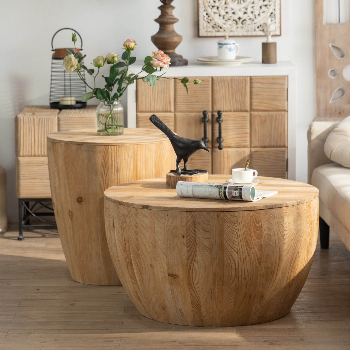2-Piece Vintage Fir Wood Bucket Shaped Coffee Table Set - Sleep Galleria