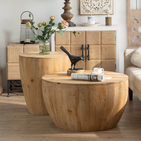 2-Piece Vintage Fir Wood Bucket Shaped Coffee Table Set - Sleep Galleria