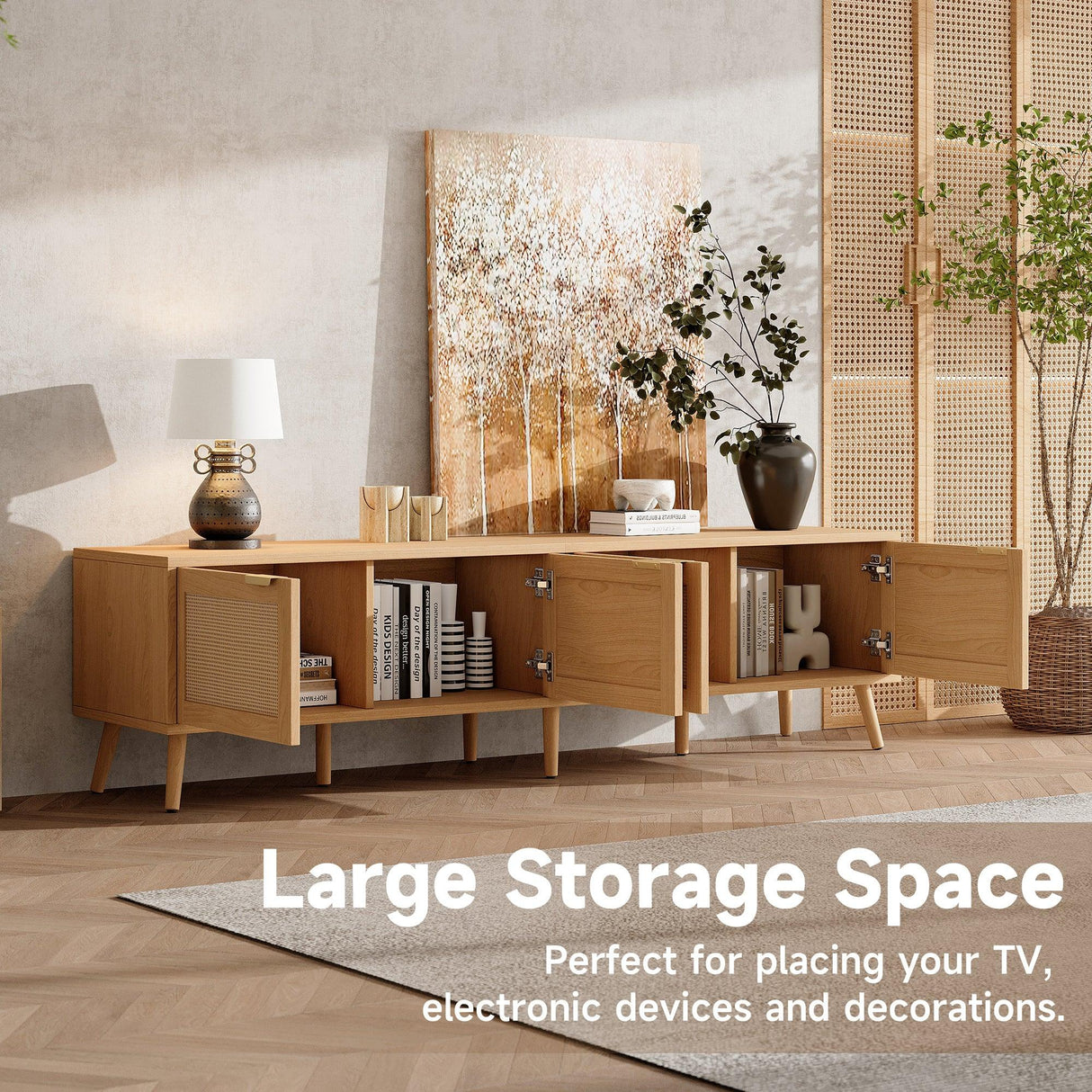 70-Inch Modern Natural Wood TV Stand With Rattan Doors - Omega Lifestyles