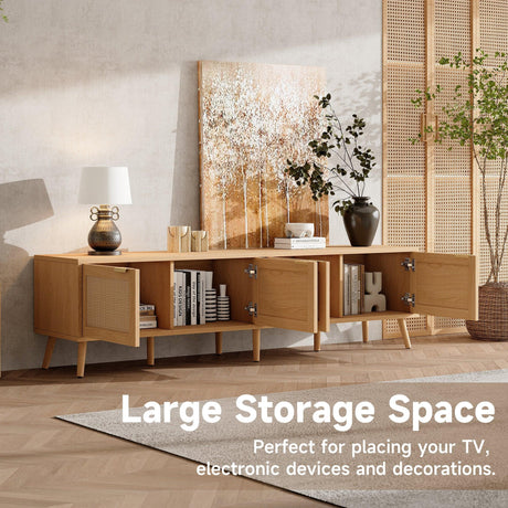 70-Inch Modern Natural Wood TV Stand With Rattan Doors - Omega Lifestyles
