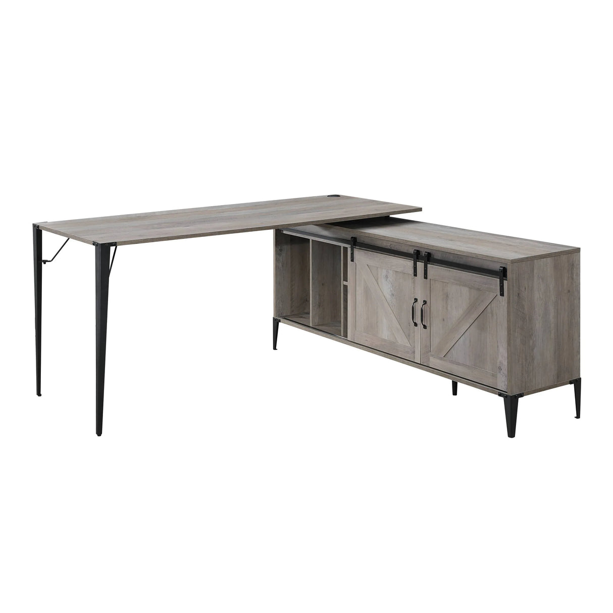 Gray Oak Wood Writing Desk With Sliding Cabinet - Omega Lifestyles
