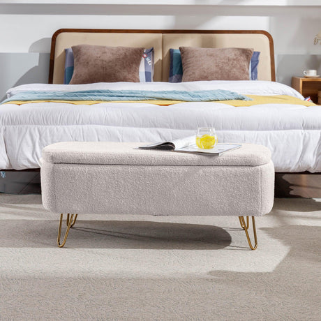 Ivory Faux Fur Upholstered Storage Bench With Gold Legs - Omega Lifestyles