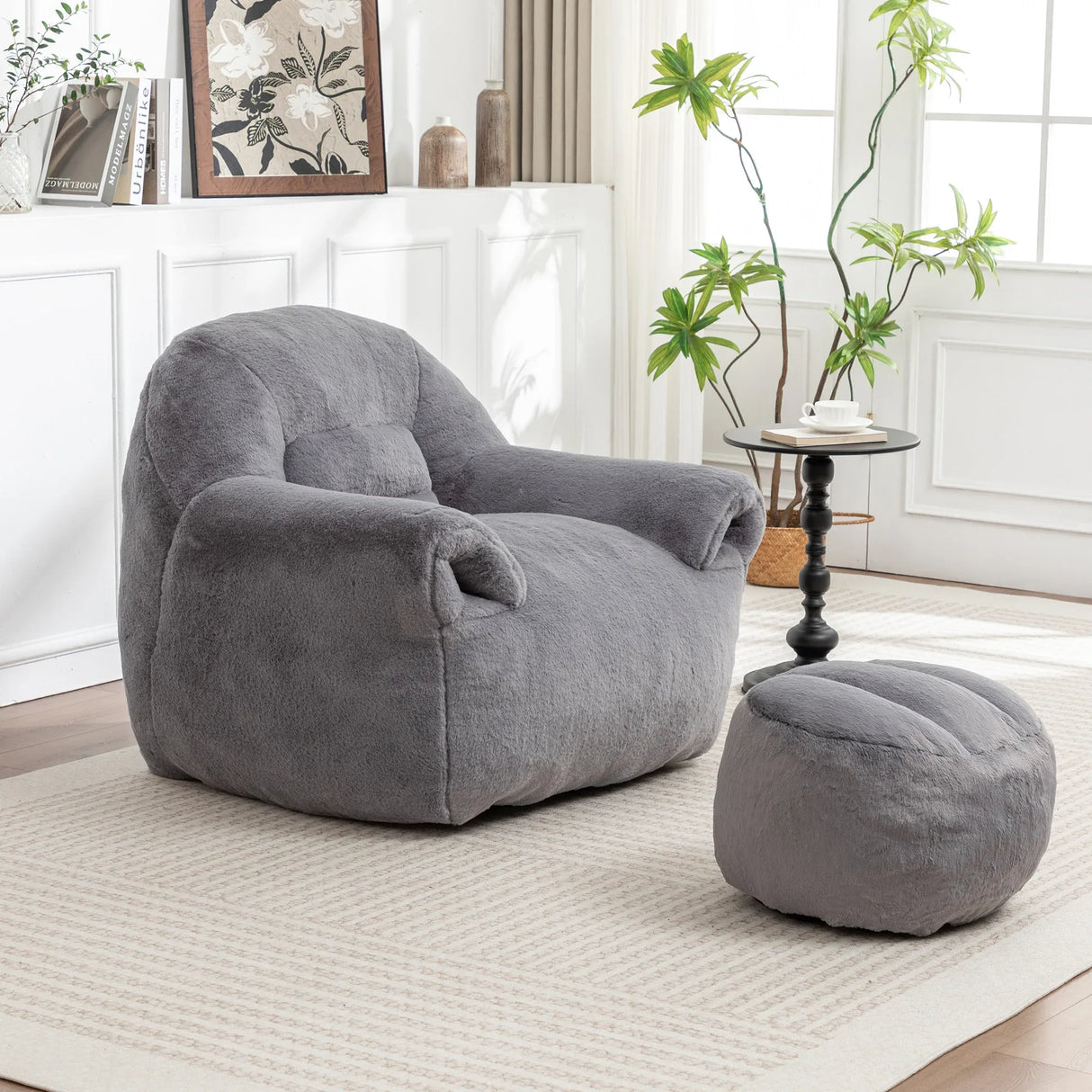 Faux Fur High-Density Foam Bean Bag Chair With Footstool - Omega Lifestyles