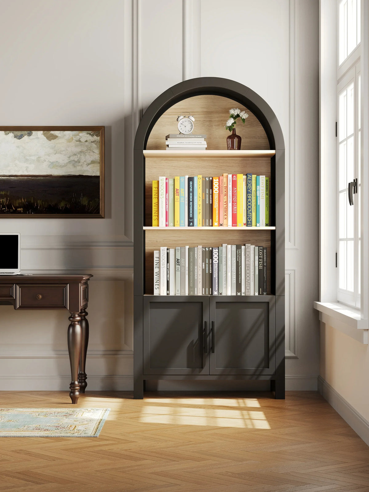 Mid-Century Modern Arched 3-Tier Storage Bookcase - Omega Lifestyles