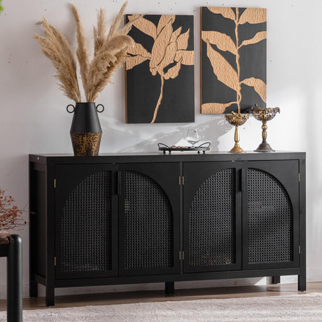 Modern Black MDF Rattan Storage Sideboard Cabinet - Omega Lifestyles