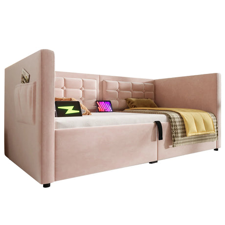 Twin Pink Velvet Upholstered Hydraulic Storage Bed Frame - Omega Lifestyles