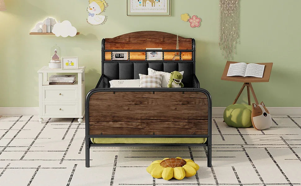 Twin Metal Platform Bed Frame With Upholstered Headboard And LED Light - Omega Lifestyles