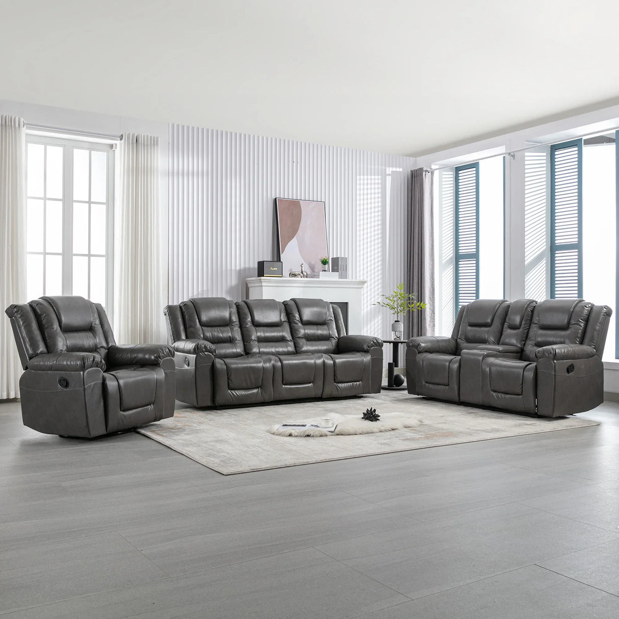 Grey Manual PU Upholstered Home Theater Recliner Chair Set - Omega Lifestyles