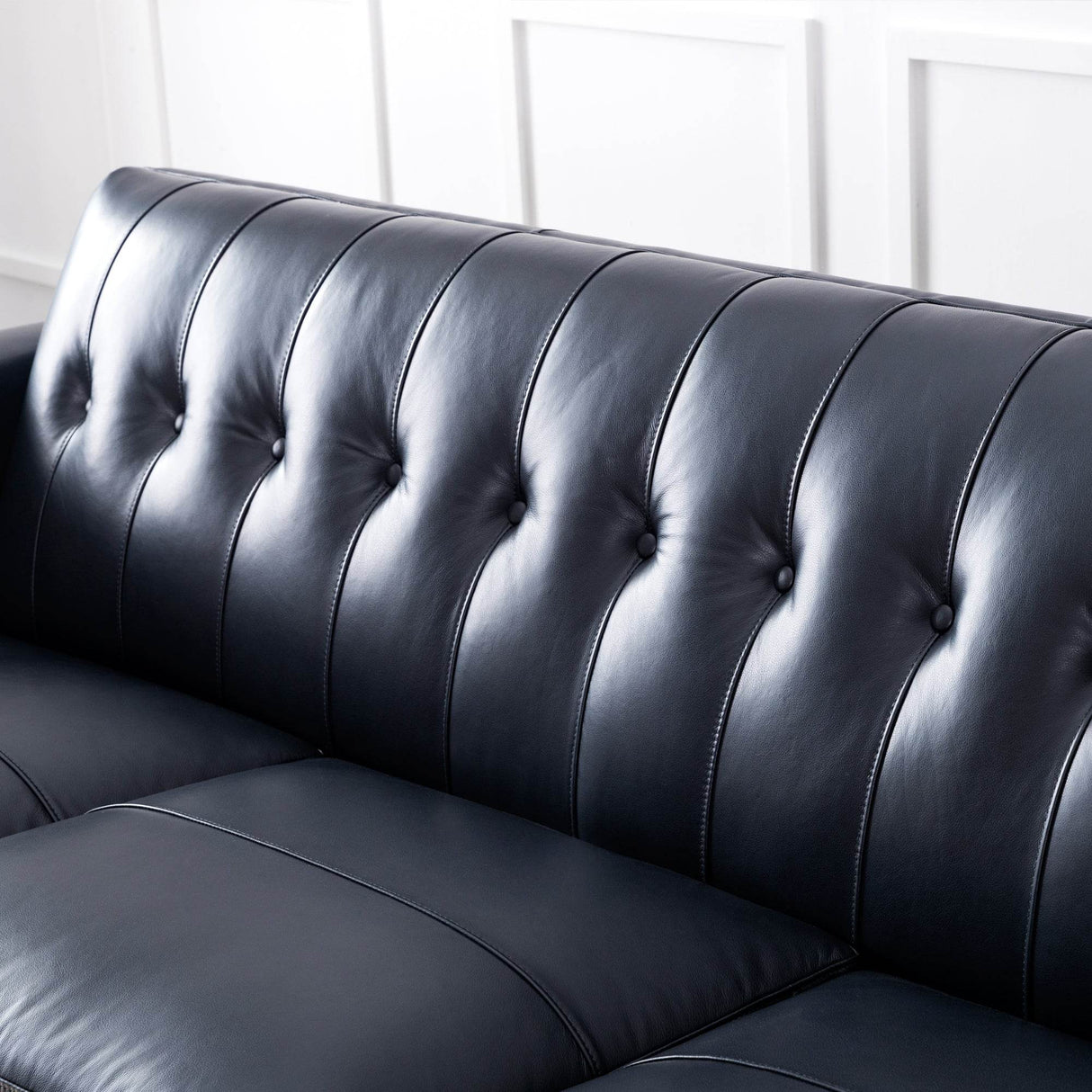 Mid-Century Tufted Navy Leather 3-Seat Sofa - Omega Lifestyles