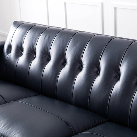 Mid-Century Tufted Navy Leather 3-Seat Sofa - Omega Lifestyles