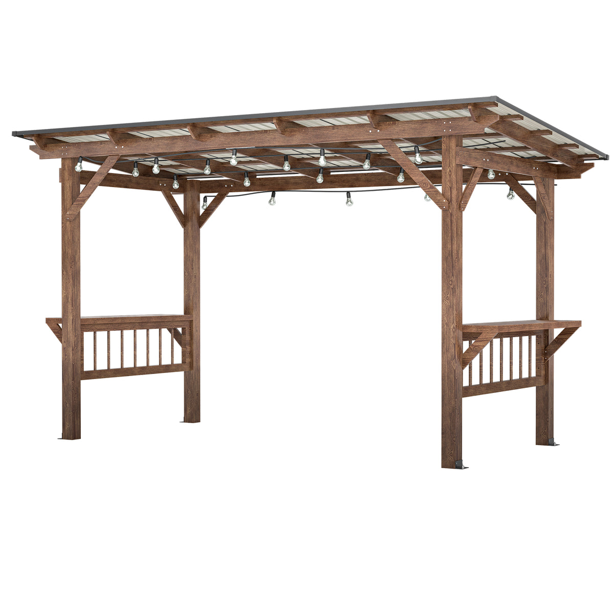 Outdoor Wooden Pergola Grill Gazebo With Metal Roof And Bar Counters