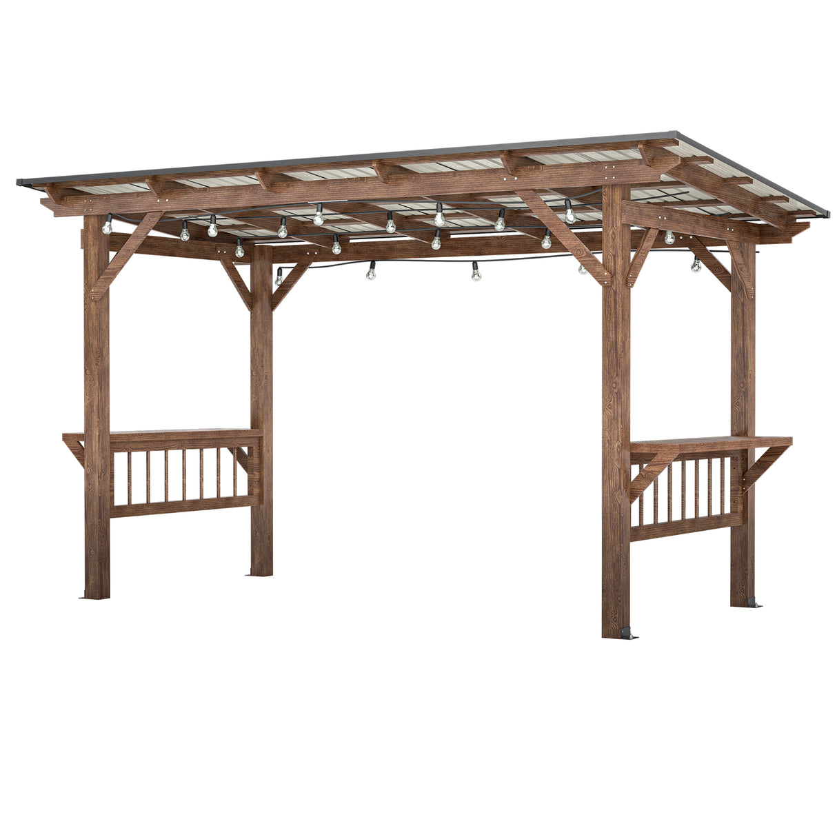 Outdoor Wooden Pergola Grill Gazebo With Metal Roof And Bar Counters