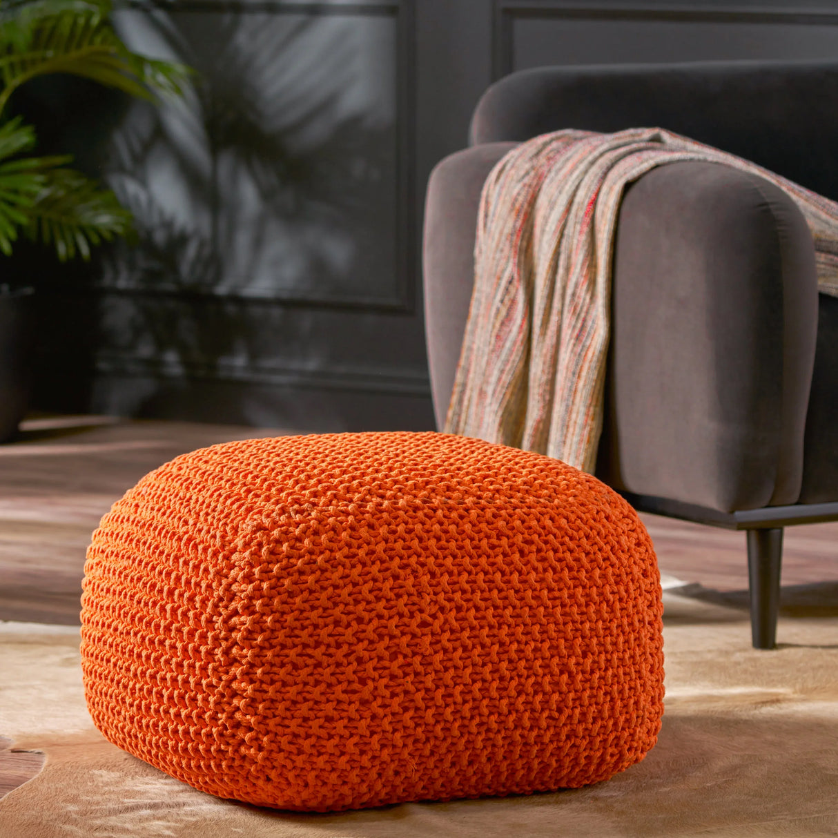 Knitted Cotton Square Orange Pouf Seat - Omega Lifestyles