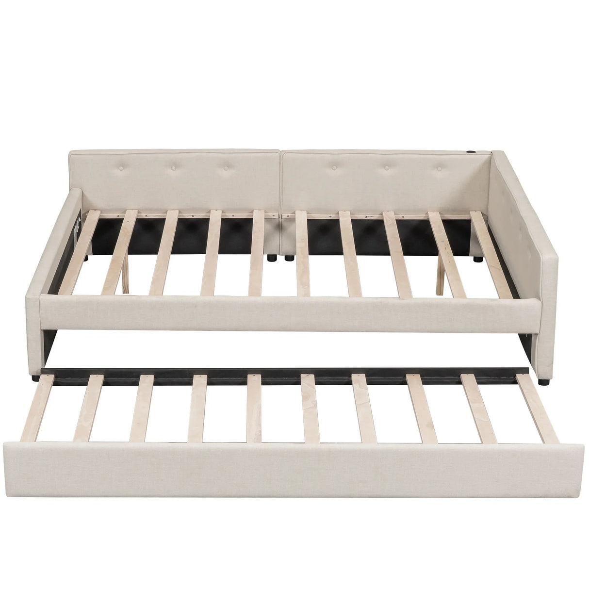 Queen Modern Upholstered Linen Platform Bed With USB Trundle - Omega Lifestyles