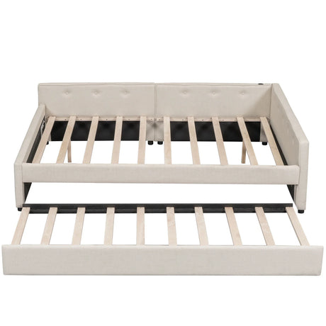 Queen Modern Upholstered Linen Platform Bed With USB Trundle - Omega Lifestyles