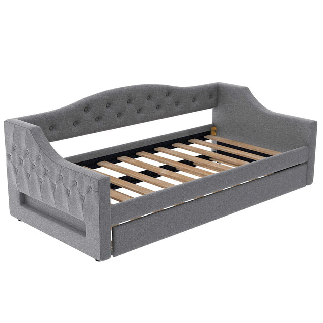 Twin XL Linen Upholstered Daybed With LED Lighting And Trundle - Omega Lifestyles