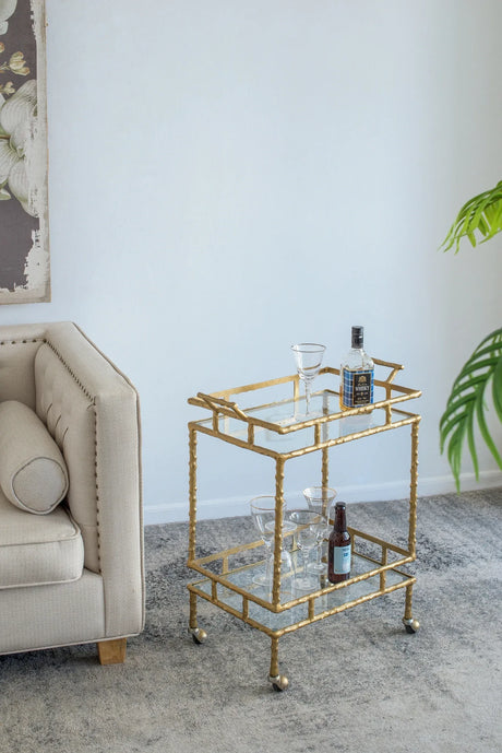 Antique Brass Aluminum Glass Two-Tier Bar Cart - Omega Lifestyles