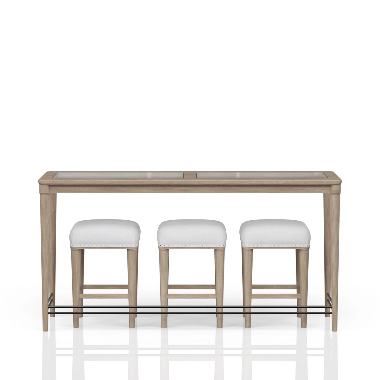 Transitional Sand Finish Frosted Glass Console Table With Stools - Omega Lifestyles