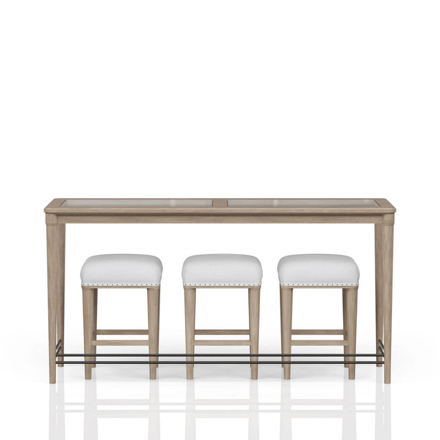 Transitional Sand Finish Frosted Glass Console Table With Stools - Omega Lifestyles