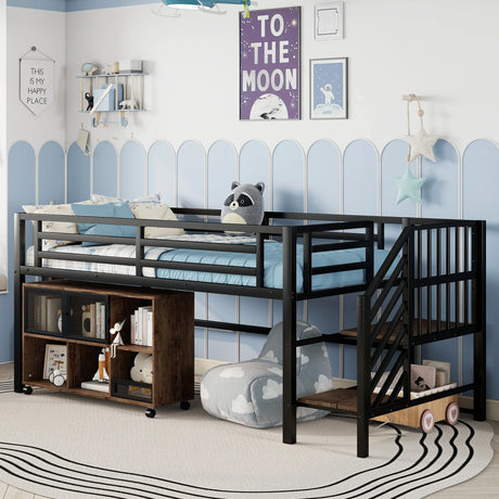 Twin Metal Low Loft Bed With Storage Cubby And Stairs - Omega Lifestyles