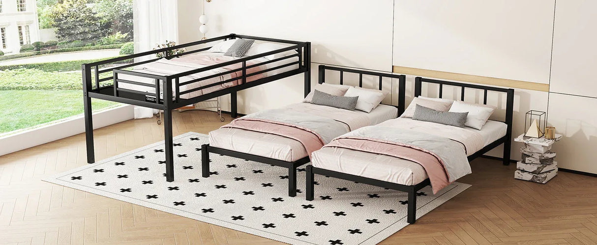 Metal Twin Over Twin Triple Bunk Bed With Guardrails - Omega Lifestyles