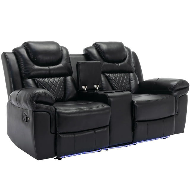 Manual Recliner Chair Faux Leather With Storage Cup Holders LED - Omega Lifestyles