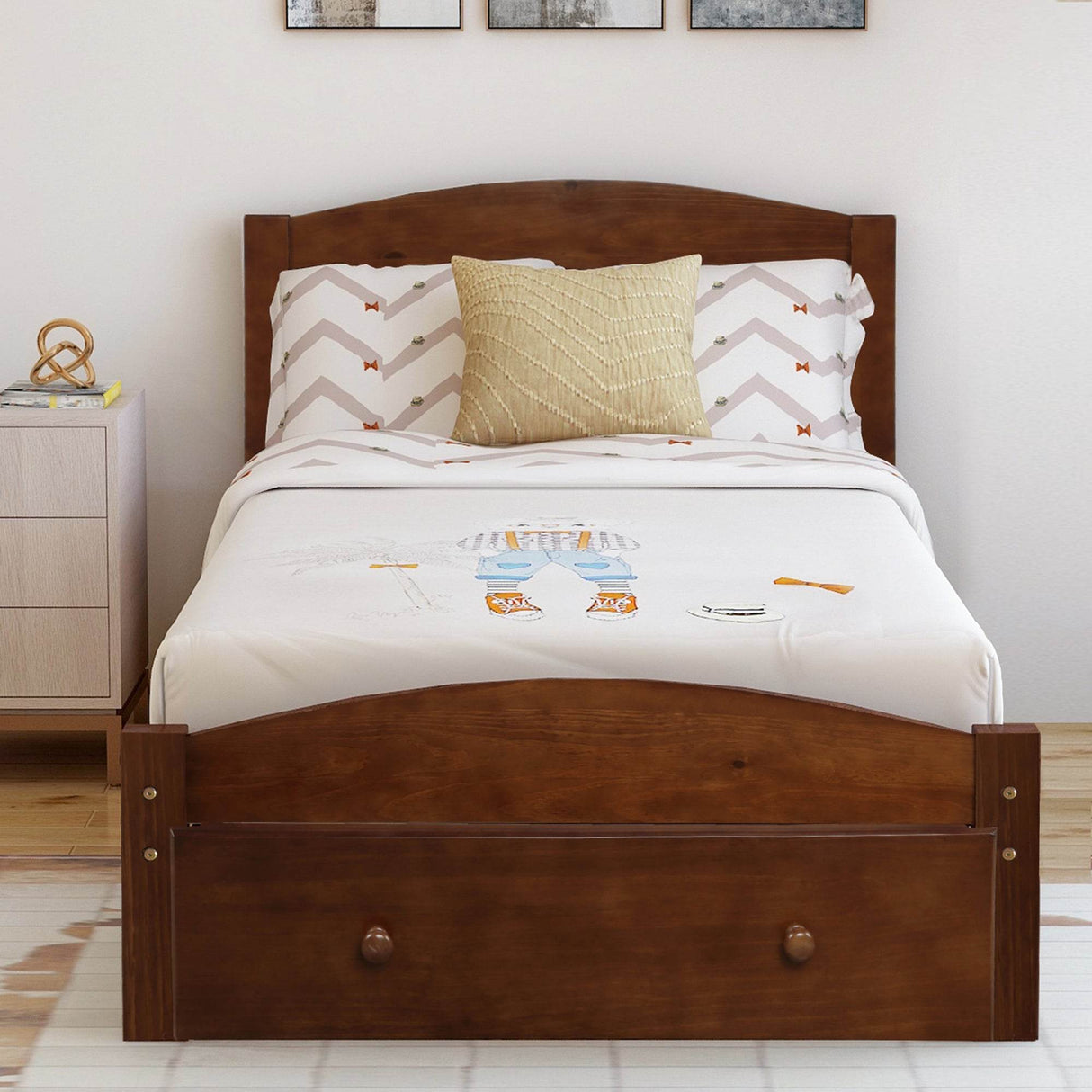 Twin Walnut Solid Wood Platform Bed Frame With Storage Drawer - Omega Lifestyles