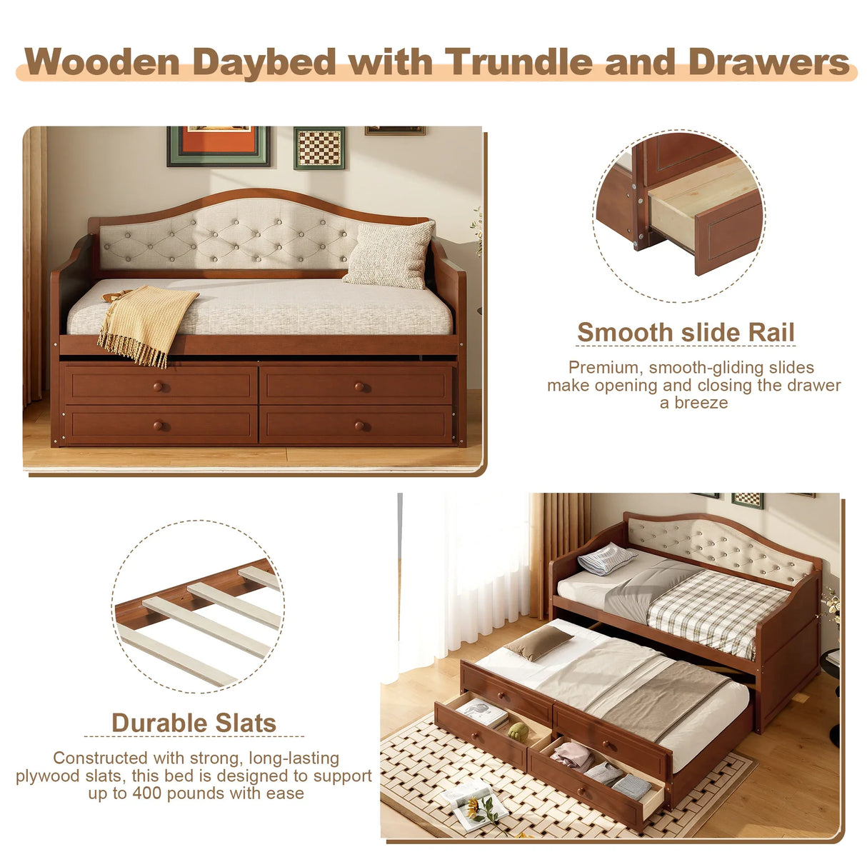 Twin Daybed With Trundle And Storage Drawers Walnut - Omega Lifestyles