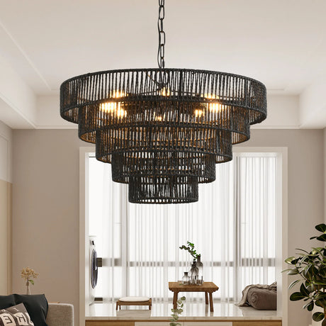 Rustic 5-Tier Black Hemp Rope Pendant Light Chandelier - Omega Lifestyles