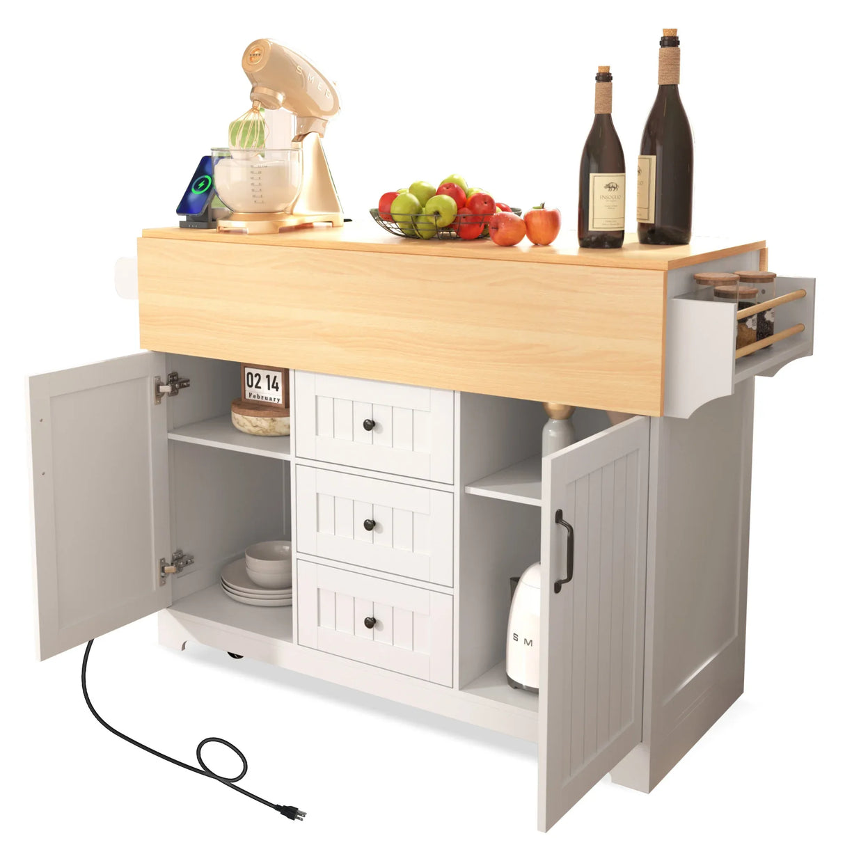 Folding Kitchen Island Cart With Power Outlet and Storage - Omega Lifestyles