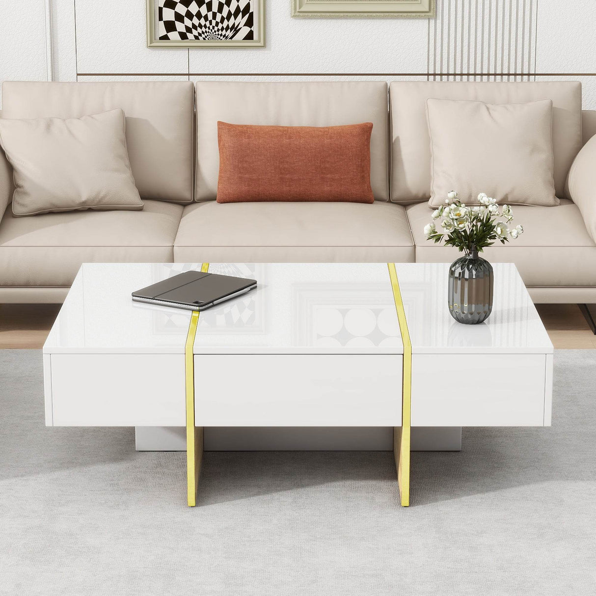 Minimalist White High Gloss Coffee Table With Drawers - Sleep Galleria