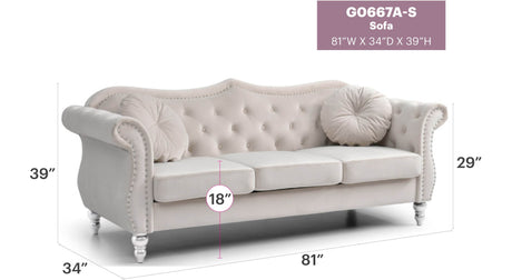 Ivory Velvet 3-Seat Tufted Sofa With Nailhead Trim - Omega Lifestyles