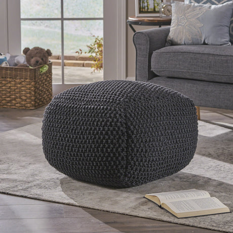 Cotton Knitted Square Dark Grey Pouf Cube - Omega Lifestyles