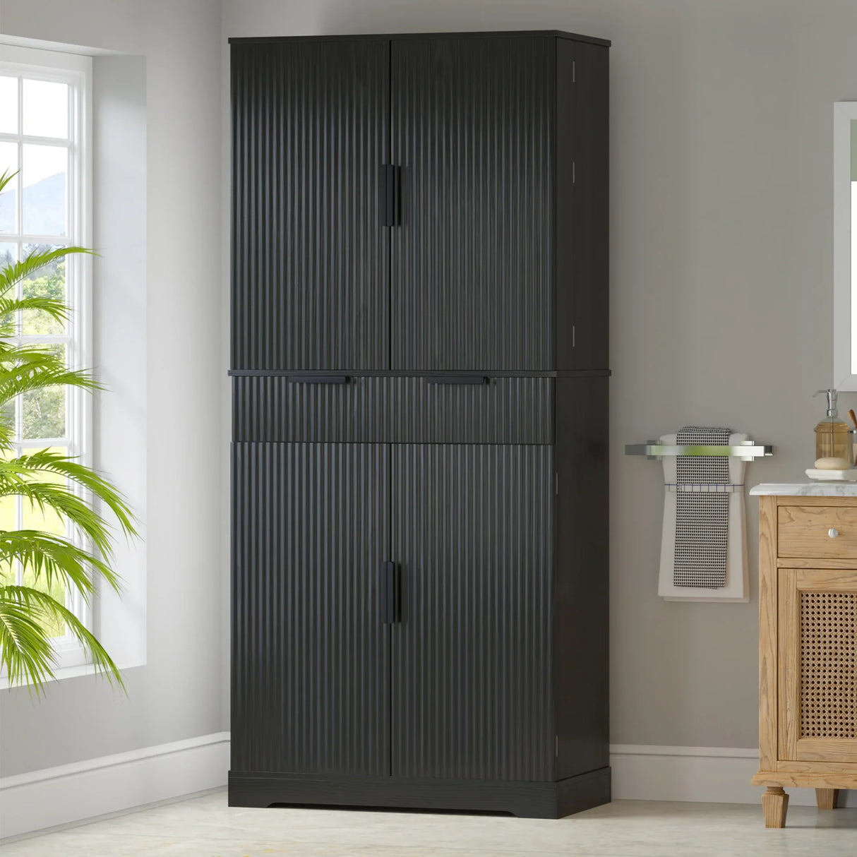 Fluted Freestanding Kitchen Pantry Cabinet With Drawers - Omega Lifestyles