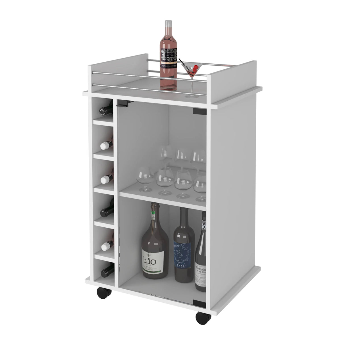 White Engineered Wood Bar Cart With Glass Door - Omega Lifestyles