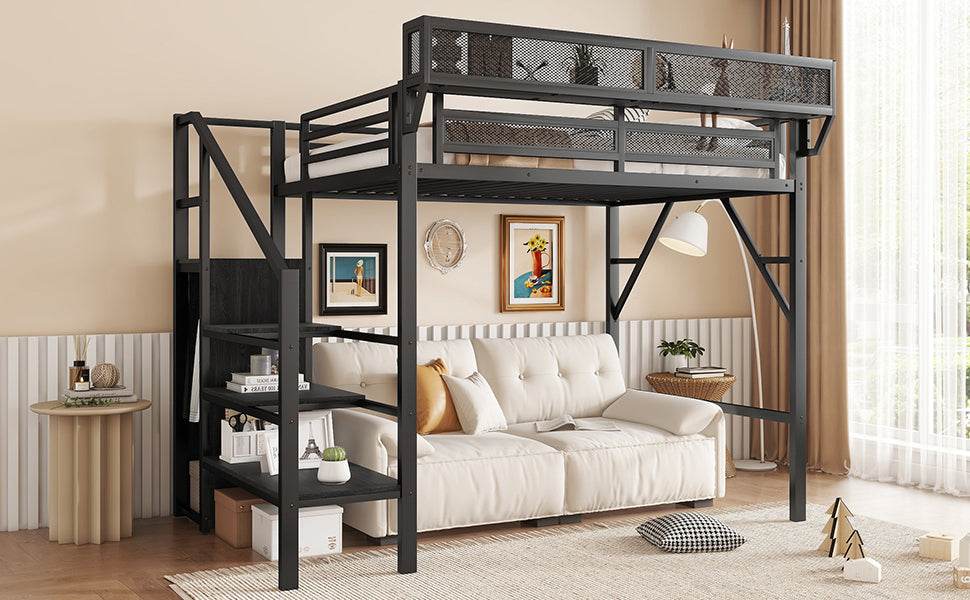 Twin Metal Loft Bed With Stairs Storage Shelves - Omega Lifestyles