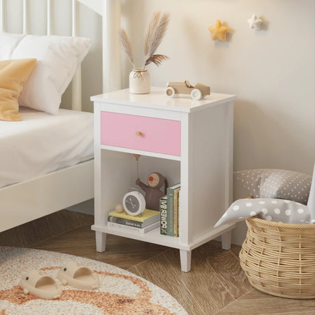 Pink MDF Wooden Nightstand With Drawer And Shelf - Omega Lifestyles