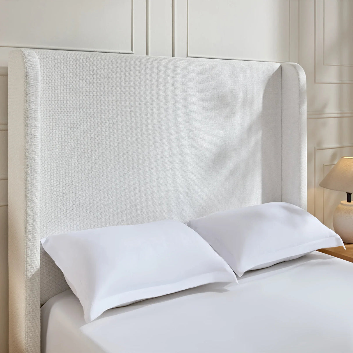 Queen Contemporary Cream White Chenille Upholstered Bed Frame - Omega Lifestyles