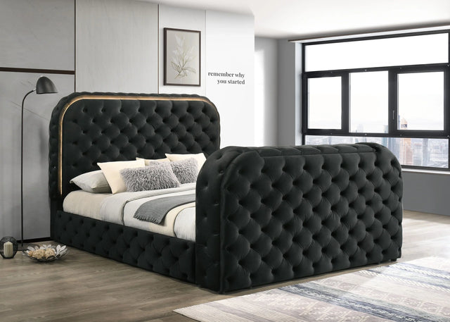 Black Upholstered Eastern King Bed With LED Fireplace Stand - Omega Lifestyles