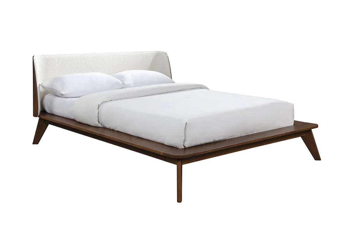 Queen Mid-Century Modern Walnut Fabric Winged Edge Bed Frame - Omega Lifestyles