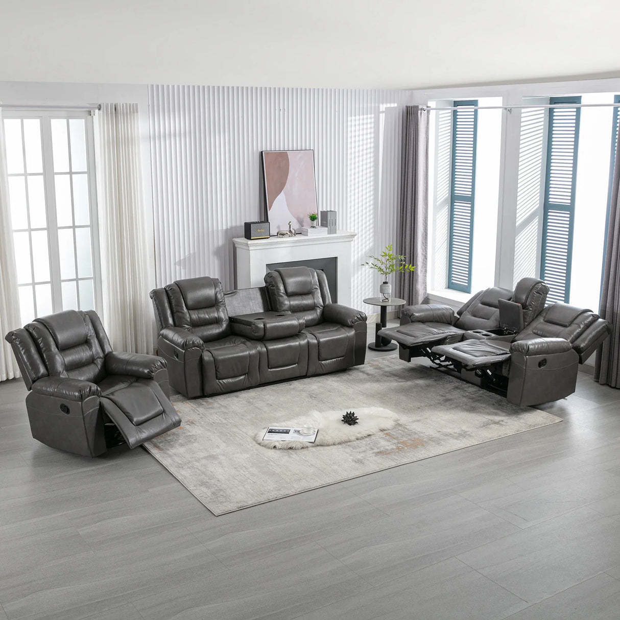 Grey Manual PU Upholstered Home Theater Recliner Chair Set - Omega Lifestyles