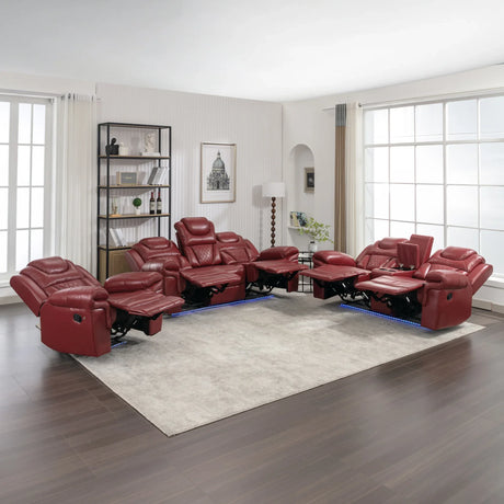Wine Red Faux Leather Manual Recliner Sofa Set With LED Strip - Omega Lifestyles
