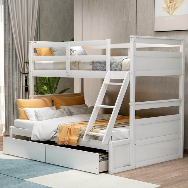 Twin Over Full Solid Wood White Bunk Bed With Storage - Omega Lifestyles