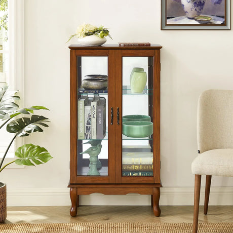 Lighted Oak Curio Cabinet With Adjustable Tempered Glass Shelves - Omega Lifestyles