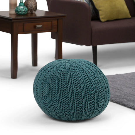 Hand Knit Teal Round Pouf Accent Seating - Omega Lifestyles