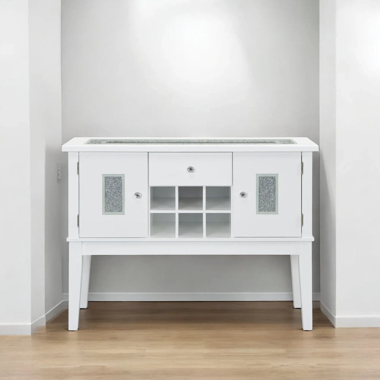 Contemporary White High Gloss Synthetic Wood Server Cabinet - Omega Lifestyles