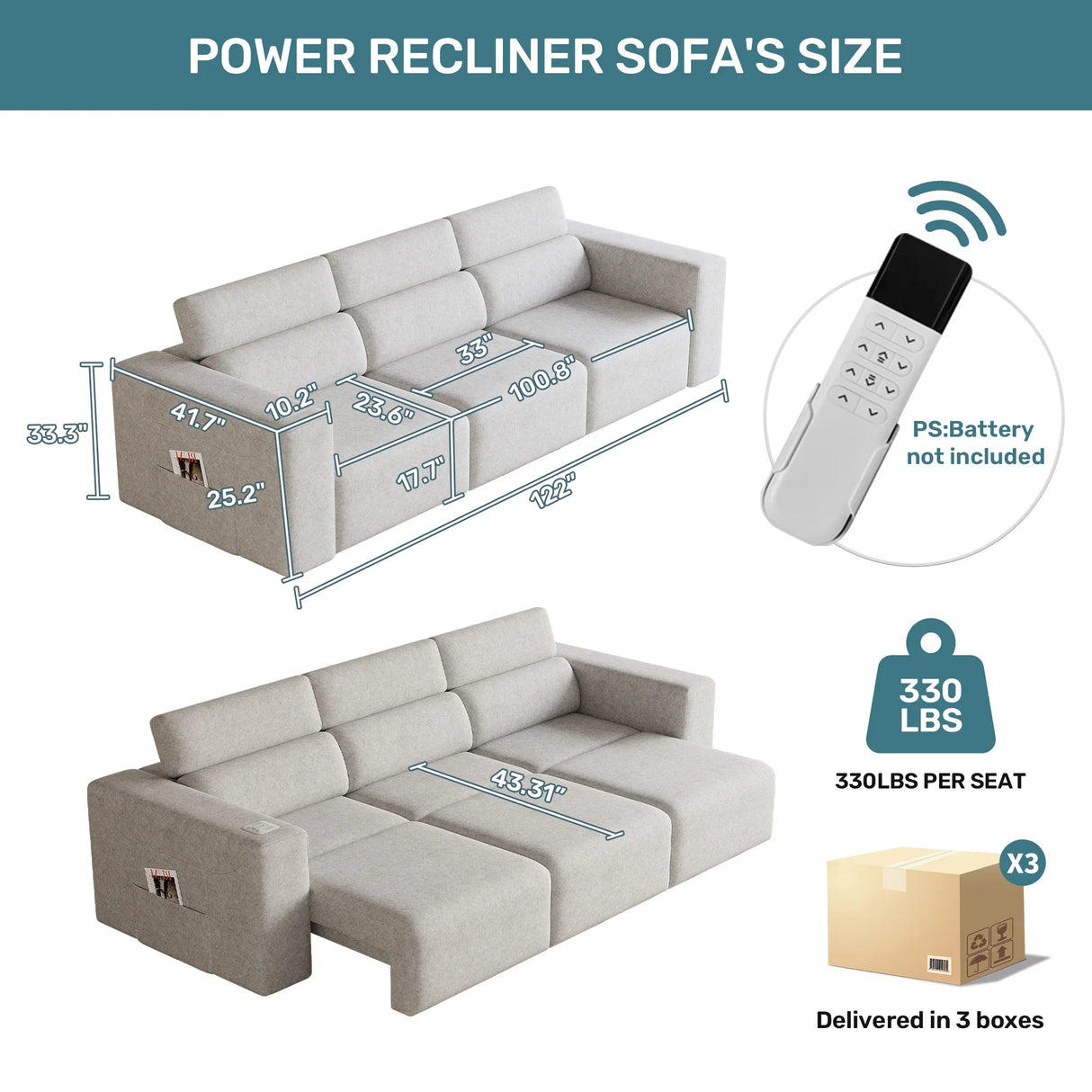 Power Reclining 3-Seat Sofa With Bluetooth Wireless Charging - Omega Lifestyles