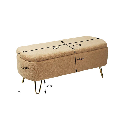 Camel Faux Fur Storage Ottoman Bench With Gold Legs - Omega Lifestyles